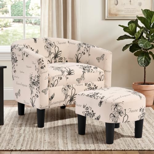 Oversized Accent Chair with Ottoman, 23.2" W Oversized Club Chair with Ottoman Set, Comfy Fabric Barrel Reading Chairs for Living Room Bedroom, Round Reading Chair with Foot Rest, Flower Pattern - color: Flower Pattern, size: Large