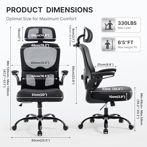 Ergonomic Office Chair 330 lbs, High Back Mesh Computer Chair with Adjustable LumbarSupport, 3D Adjustable Headrest, Flip-Up Armrests for Home Office Desk