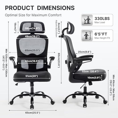Ergonomic Office Chair 330 lbs, High Back Mesh Computer Chair with Adjustable LumbarSupport, 3D Adjustable Headrest, Flip-Up Armrests for Home Office Desk