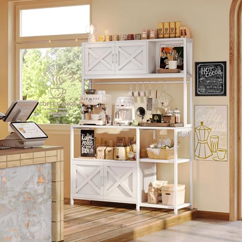 Huuger Large Bakers Rack with Power Outlet, Kitchen Microwave Stand with Cabinets, Coffee Bar Table Station with Storage, 6 S-Shaped Hooks, Mesh Shelves, 45 Inch Wooden Top, White - color: White