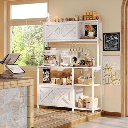 Huuger Large Bakers Rack with Power Outlet, Kitchen Microwave Stand with Cabinets, Coffee Bar Table Station with Storage, 6 S-Shaped Hooks, Mesh Shelves, 45 Inch Wooden Top, White - color: White