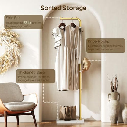 L Shaped Glod Coat Rack, Metal Coat Tree, Modern Clothes Rack with 3 Hooks and Thickened Base, Floor Standing Coat Hanger Stand, for Entryway, Living Room, Cloakroom, Gold and White YM01DWY1