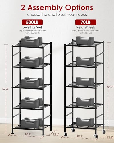 Sakugi 5-Tier Storage Shelves 18.1x12.6x58.7 Black with Wheels | Kitchen, Closet, Pantry, Garage, Heavy Duty, Adjustable Feet, Metal Construction - color: Black, size: 18.1W x 12.6D x 58.7H(5T)