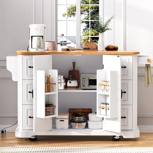 Rustic Rolling Kitchen Island with Drop Leaf, Built-in Charging Station & 6 Deep Drawers, 47" Farmhouse Mobile Cart for Dormitories, Offices, Bedrooms (White/R1) - color: White/R1