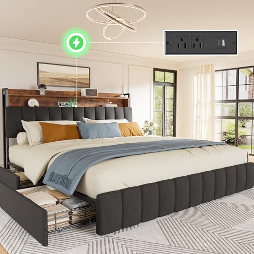 Bed Frame King Size with Upholstered Headboard & Charging Station, King Bed Frame with 4 Storage Drawers, 2-Tier Open Shelves, No Box Spring Needed, Slient Foam Strip, Easy Assembly, Black - color: Rustic Brown and Black, size: King