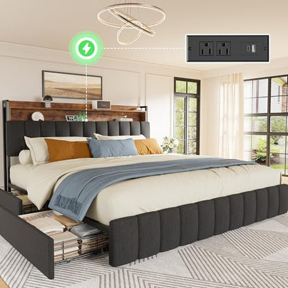 Bed Frame King Size with Upholstered Headboard & Charging Station, King Bed Frame with 4 Storage Drawers, 2-Tier Open Shelves, No Box Spring Needed, Slient Foam Strip, Easy Assembly, Black - color: Rustic Brown and Black, size: King