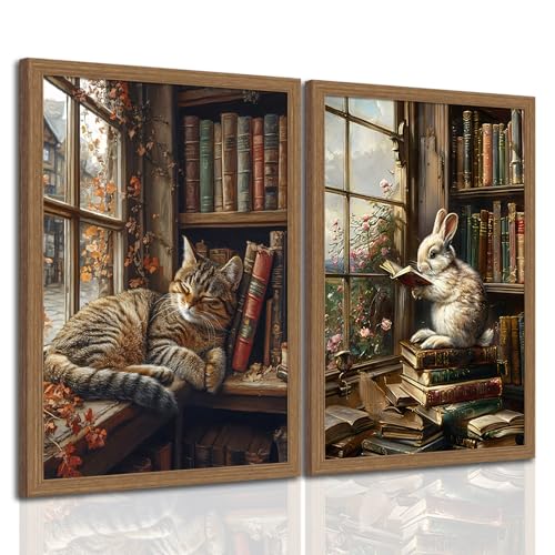 2Pcs Easter Framed Cute Cat and Bunny Reading Books Canvas Wall Art Vintage Library Animal Painting Storybook Style Nursery Decor for Children's Room Living Room Bedroom Office Home Decor 12x16in - color: Cute Cat and Bunny, size: 12x16 Inches