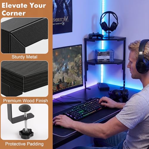 2-Tier Clamp on Desk Shelf Adjustable Desktop Storage Desk Rack | Wood Clamp on Desk Organizer Shelf, Floating Corner Shelf for Desk Accessories and Gaming Devices