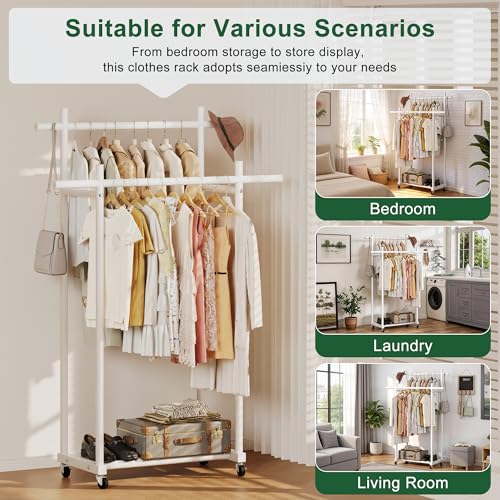 Lutown-Teen Metal Clothes Rack with Lockable Wheels, Double Rods, White | Clothing Rack Heavy Duty with Storage Rods, 150 LB Capacity Garment Rack, Easy Assembly - color: White, size: Double Rods
