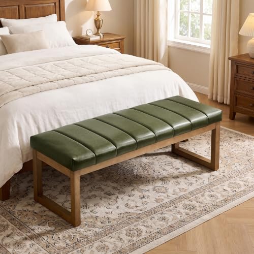 52.7" Bedroom Bench for End of Bed, Faux Leather Entryway Bench (Green-PU) | Modern Upholstered Dining Bench & Footrest Stool Bench with Solid Wood Frame for Bedroom, Living Room - color: Green-pu