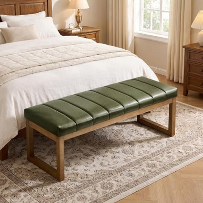 52.7" Bedroom Bench for End of Bed, Faux Leather Entryway Bench (Green-PU) | Modern Upholstered Dining Bench & Footrest Stool Bench with Solid Wood Frame for Bedroom, Living Room - color: Green-pu