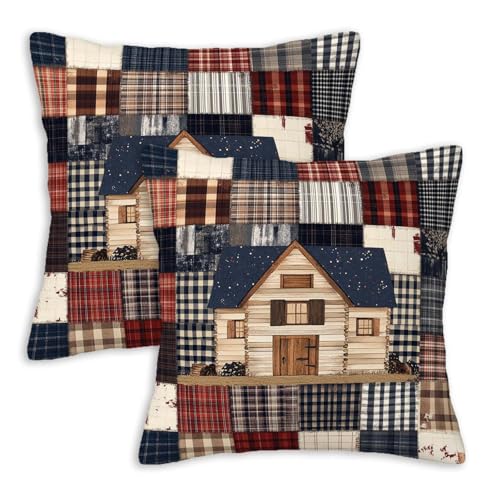 Farmhouse Throw Pillow Covers 18x18 Inches Set of 2 | Rustic Lodge Cabin Cushion Cases | Woodland Plaid Patchwork Print Pillowcases for Couch Sofa Bed | Winter Cozy Home Decor - color: Lodge Cabin