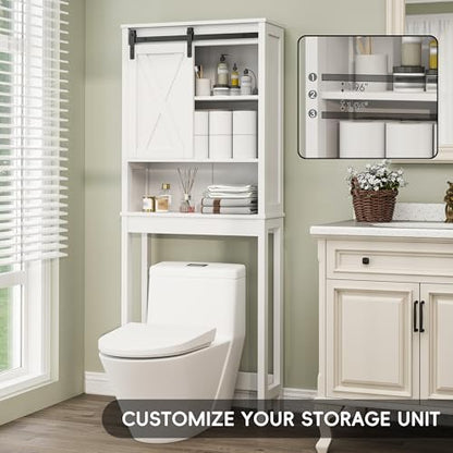 Xilingol Over The Toilet Storage Cabinet, Farmhouse Bathroom Storage Cabinet with Sliding Doors and Adjustable Shelf, Space-Saving Over Toilet Storage, White