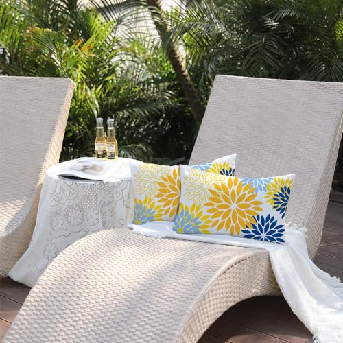 DFXSZ Outdoor Waterproof Pillow Covers 12x20 Set of 2 Yellow Blue Flower | Spring Summer Waterproof Flower Throw Pillowcases（No Inserts）Outdoor Decor for Patio Funiture Garden Polyester Covers - color: Yellow Blue, size: 20" x 12" (Pack of 2)