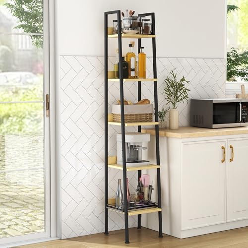 5 Tier Ladder Shelf,13.5” Wide Tower Storage Shelf,Natural Oak | Skandiquip 13.5” Narrow Ladder Shelf, Steel Frame Anti-Tip Tall Storage Tower for Books & Plants, Kitchen Living Room Office - color: Natural Oak, size: 5 Tier