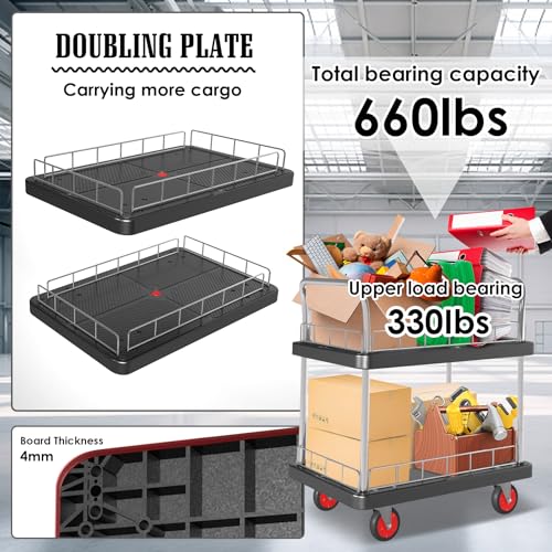2 Shelf Utility Service Cart- 660lbs Capacity Heavy-Duty Plastic Rolling Utility Carts with 4 of 360° Swivel Wheels and Handle, Large Service Cart for Groceries,Warehouse,Garage 34.6''x 22.8'' - color: 660lbs