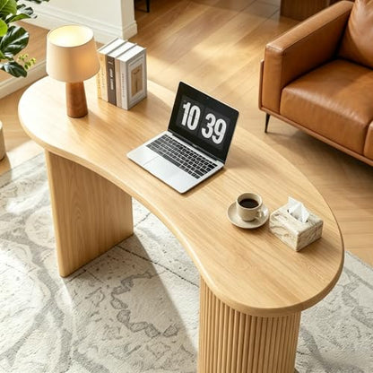 LEVNARY 54.3" Curved Small Computer Desk, Wooden Executive Desk with Sturdy Fluted Legs, Modern Luxury Corner Single Writing Vanity Desk for Bedroom Living Room Home Office (Natural)