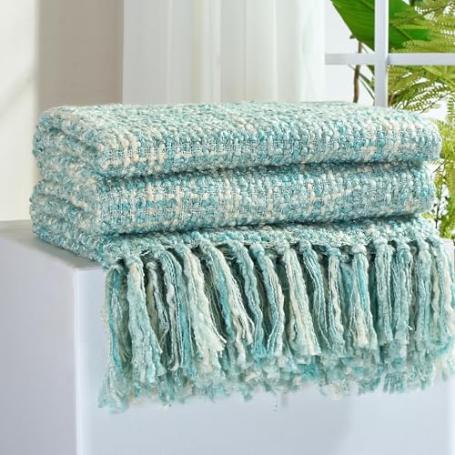 Multi-Color Cable Woven Throw Blanket for Couch - 50"X60" | Multicolored Boho Style,Super Soft Warm Cozy Chunky Blankets with Decorative Tassels for Bed and Sofa,Mint Blue - color: Multi-color Mint Blue, size: 50"x60"