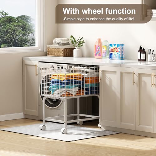 Laundry Basket with Wheels,80L Wire Rolling Laundry Basket with Pull Handle,White High Laundry Cart for Laundry Room,Bathroom,Bedroom-White(23.6 * 15.75 * 28inch) - style: Medium Oblong-White