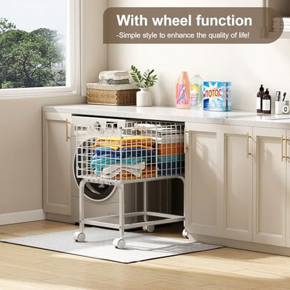 Laundry Basket with Wheels,80L Wire Rolling Laundry Basket with Pull Handle,White High Laundry Cart for Laundry Room,Bathroom,Bedroom-White(23.6 * 15.75 * 28inch) - style: Medium Oblong-White