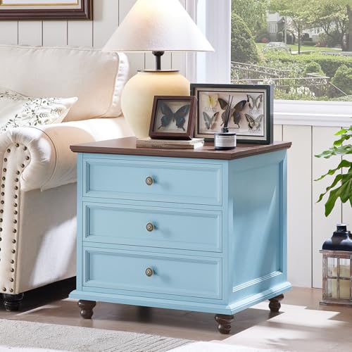 Joaxswe 24" Wide Farmhouse Night Stand,Large End Table with 3 Drawers & Metal Handle,Light Blue Wood Dresser for Bedroom Cabinet, Bed Side Tabl·e Chest of Drawers,Nightstand for Living Room,Close - color: Light Blue, size: 24"W (3 Drawers)