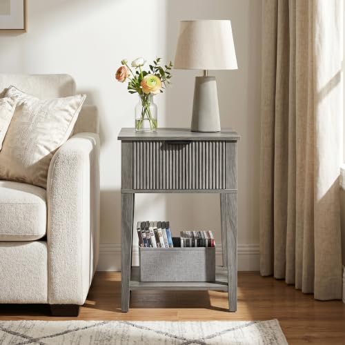 FuniXpress Small Nightstand, 15" Wide, Drawer Shelf, Weathered Gray Fluted | Weathered gray tone, clean fluted front, 11.8-inch slim depth, smart storage, fits guest rooms or small spaces - color: Weathered Gray