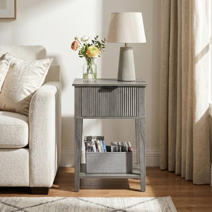 FuniXpress Small Nightstand, 15" Wide, Drawer Shelf, Weathered Gray Fluted | Weathered gray tone, clean fluted front, 11.8-inch slim depth, smart storage, fits guest rooms or small spaces - color: Weathered Gray