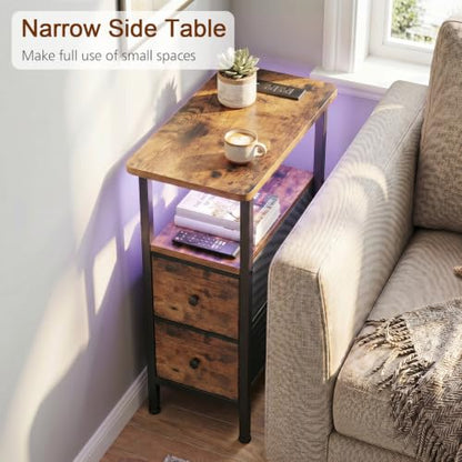 Narrow End Table with Charging Station, Small Nightstand | Skinny Side Tables Living Room with 2 Fabric Drawers, Bedside Table with LED Lights for Bedroom, Small Spaces, Rustic Brown - color: Rustic Brown + Black, size: 23.22''H (2 Drawers), style: Power