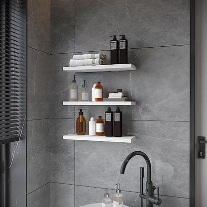 SAUMONIERES Floating Wall Shelves for Bedroom Bathroom Wall Mounted Solid Wood Shelf 24 Inch Set of 3, White - color: White, size: 24 Inch-3 shelves
