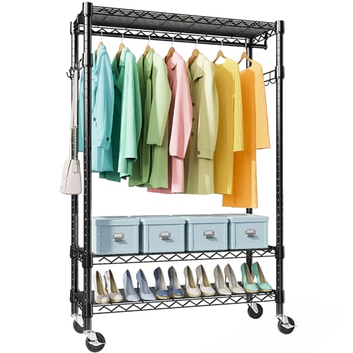 M MZG Heavy Duty Rolling Garment Rack 3 Tiers Adjustable Wire Shelving Clothes Rack with Rods and Side Hooks,Storage Closet Clothing Rack with Wheels Black 17.7" D x 47.2" W x 83.6" H - color: Black, size: 3 Tier with 1 rod, 17.7"D x 47.2"W x 83.6"H