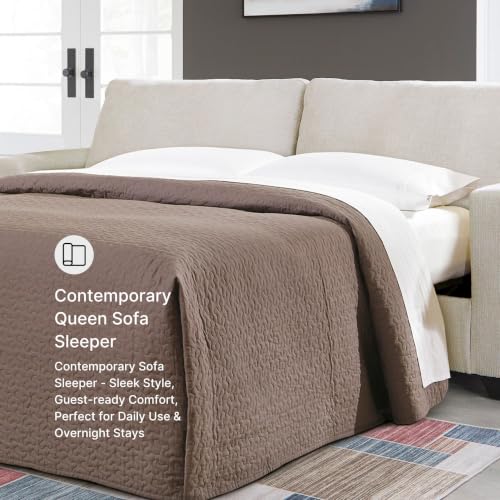 Signature Design by Ashley Aviemore 85-in Queen Sleeper Sofa, Stone | 4-in memory foam mattress, Pull out couch, 100% polyester chenille, 350 lbs limit, Contemporary track arms, 2 throw pillows - color: Stone, style: Sleeper