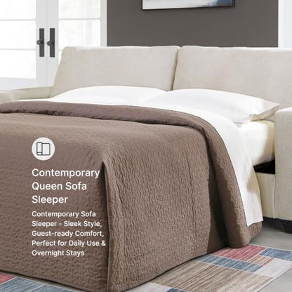Signature Design by Ashley Aviemore 85-in Queen Sleeper Sofa, Stone | 4-in memory foam mattress, Pull out couch, 100% polyester chenille, 350 lbs limit, Contemporary track arms, 2 throw pillows - color: Stone, style: Sleeper