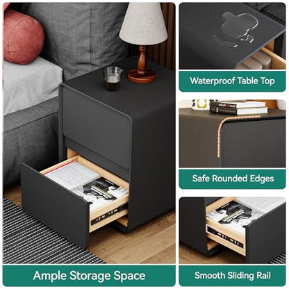 15.8" W Leather Narrow Nightstand Set of 2, Modern Fully-Assembled Bedside Table with 2 Drawers, Night Stand Small End Table & Side Table for Bedroom, Black - color: Black Set of 2, size: 16in