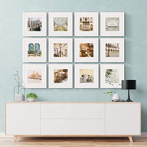 Gallery Perfect - 12-Piece White Square Photo Frame - Set with Hanging Template - Wall Gallery Kit - 16.5"x10.2"x16.7" - Square Wall Mount - Complete Set - Galley Wall - Picture Frame Set - color: White
