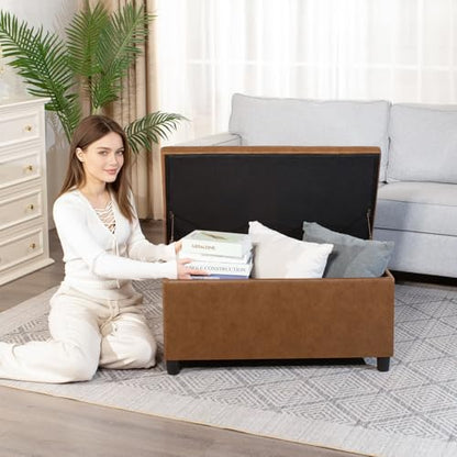 Storage Ottoman Bench, 32 Inches Faux Leather Rectangle Tufted Foot Stool for End Foot of Bed, Bedroom, Living Room,Warm Golden Brown - color: Warm Golden Brown