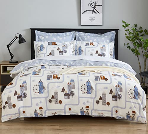 DAUAOTO Kids Duvet Cover Twin Size Set, Boys Cotton Bedding Road Map Landscape Pattern, 1 Zipper Closure 68x86 Cover + 1 Sham, Blue Town - color: Pattern 7#, size: 68"x86" Twin Cover + 1 Sham