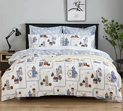 DAUAOTO Kids Duvet Cover Twin Size Set, Boys Cotton Bedding Road Map Landscape Pattern, 1 Zipper Closure 68x86 Cover + 1 Sham, Blue Town - color: Pattern 7#, size: 68"x86" Twin Cover + 1 Sham