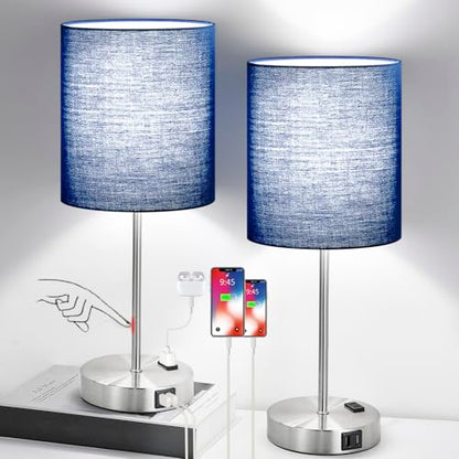 Set of 2 Touch Control Table Lamps with 2 USB & AC Outlet, 3-Way Dimmable Bedside Nightstand Lamps for Bedroom Living Room Nursery, 800 Lumens 5000K Daylight Bulbs Included - color: (2 Pack)Navy & Brushed Nickel(Base)-5000K Bulbs Included