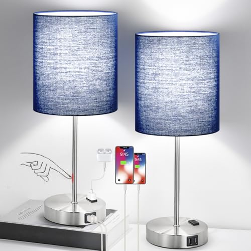Set of 2 Touch Control Table Lamps with 2 USB & AC Outlet, 3-Way Dimmable Bedside Nightstand Lamps for Bedroom Living Room Nursery, 800 Lumens 5000K Daylight Bulbs Included - color: (2 Pack)Navy & Brushed Nickel(Base)-5000K Bulbs Included