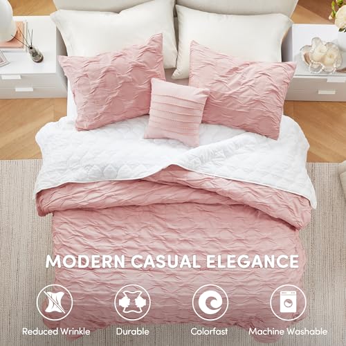 Comfort Spaces All Season Queen Comforter Set for Girls, 4 Piece, Pink | Bailey Ogee Ruched Bedding Set with Texture for College Dorm, Lightweight Breathable Durable, Decorative Modern, Décor Pillow - color: Pink, size: Full/Queen