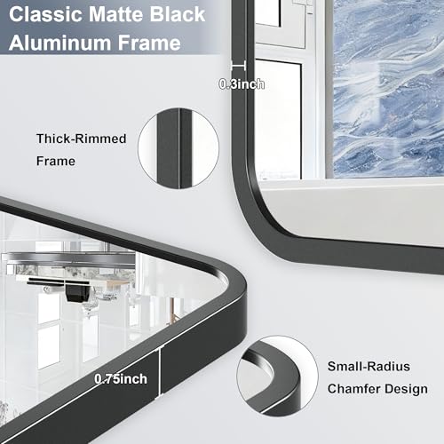 Krymnar 30"x22" Bathroom Vanity Mirror Over Sink, Black Rectangular Aluminum Frame with Rounded Corner(Small-Radius), HD Shatterproof Glass & Rust-Proof Wall Mirror for Bedroom, Living Room, Entryway - size: 30"L x 22"W