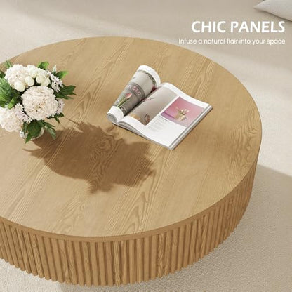 YOUDENOVA 31.5” Round Fluted Coffee Table, Modern Wood Circle Coffee Table, Veneer Handcrafted Relief Tea Table with Sturdy Pedestal for Living Room - Natural - color: 31" Natural-round