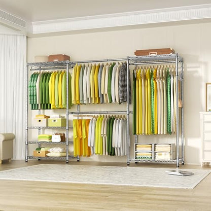 E1 Heavy Duty Closet Garment Rack, 6 Tiers Adjustable Clothing Storage | Metal Freestanding Expandable Clothes Rack with 4 Hanger Rods, Easy to Assemble Wardrobe, Chrome - color: Chrome