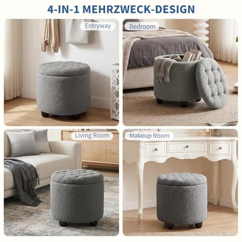 Modern Round Storage Ottoman, Upholstered Button Tufted Ottoman Footstool Ottomans with Removable Lid Storage Footstool for Living Room, Bedroom, Makeup Room, Teddy, Grey - color: Grey-1