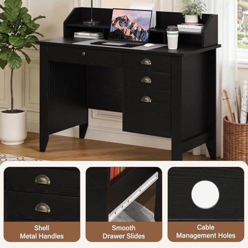4 EVER WINNER Black Desk with Drawers, Small Desk with File Drawer and Monitor Stand, Computer Desk with Storage, Writing Desk for Bedroom Home Office, Black - color: Black