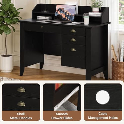 4 EVER WINNER Black Desk with Drawers, Small Desk with File Drawer and Monitor Stand, Computer Desk with Storage, Writing Desk for Bedroom Home Office, Black - color: Black