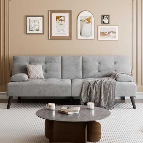 64" Futon Sofa Bed, Convertible Loveseat with 2 Cup Holders, Small Couch with 3 Adjustable Angles & Removable Armrest, Light Grey - color: Light Grey
