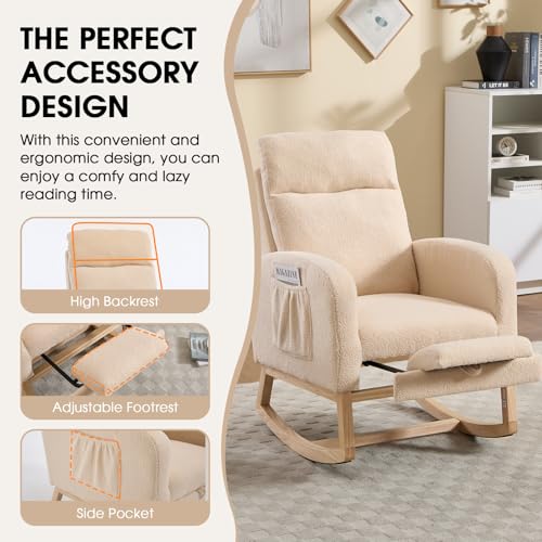 Rocking Chair Nursing, Rocker Chair with Footrest (Cream) | Teddy Boucle Upholstered Accent Reading Chair with High Back & Side Pocket for Living Room Bedroom Nursery Office - color: Cream