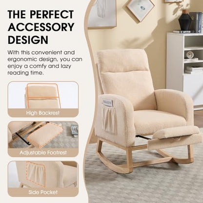 Rocking Chair Nursing, Rocker Chair with Footrest (Cream) | Teddy Boucle Upholstered Accent Reading Chair with High Back & Side Pocket for Living Room Bedroom Nursery Office - color: Cream