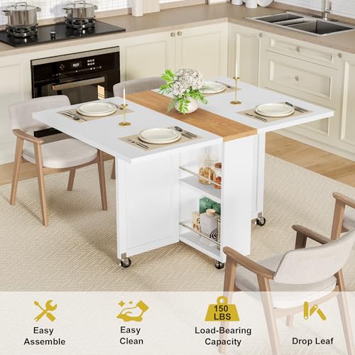 Folding Dining Table for 2-6, Easy Assembly, White+Oak | 52.7" Folding Dining Table with 6 Wheels, Drop Leaf Table with Drawers, Shelves and Wine Rack for Small Spaces - color: White